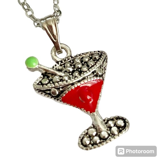 Martini Cocktail Drink Cup Glass Charm Necklace Pendant Red Enamel 18" Chain - Picture 7 of 9